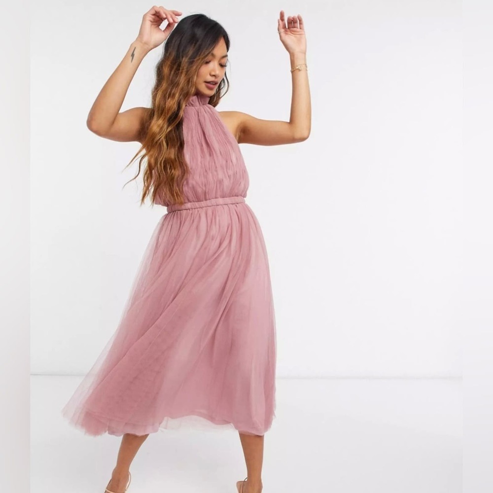 NWT ASOS Design High Neck Tulle Midi Dress with Side Cut Out Detail Size 4 $98